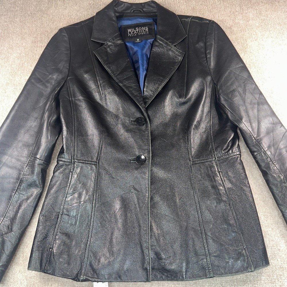 Wilsons Leather Pelle Studio Black Leather Blazer Jacket Womens Medium Blue Line